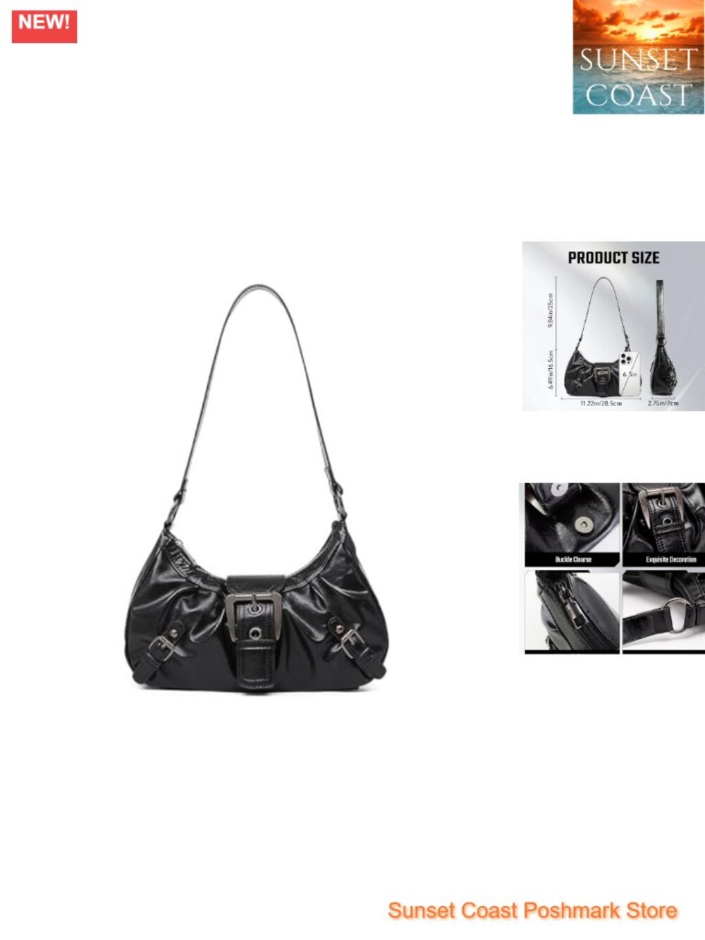 PU Leather Ruched Shoulder Bag Small Hobo Purse Button Zipper Clutch